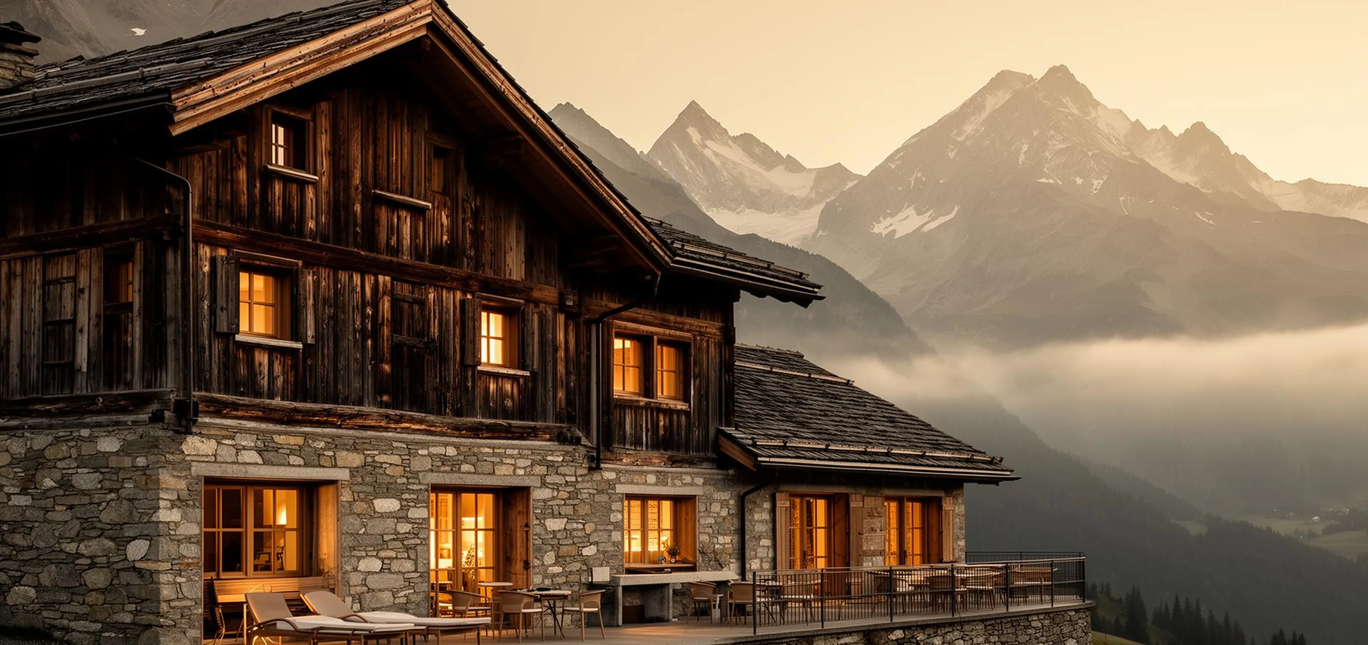 Cozy mountain lodge with glowing windows overlooking foggy peaks at sunset.