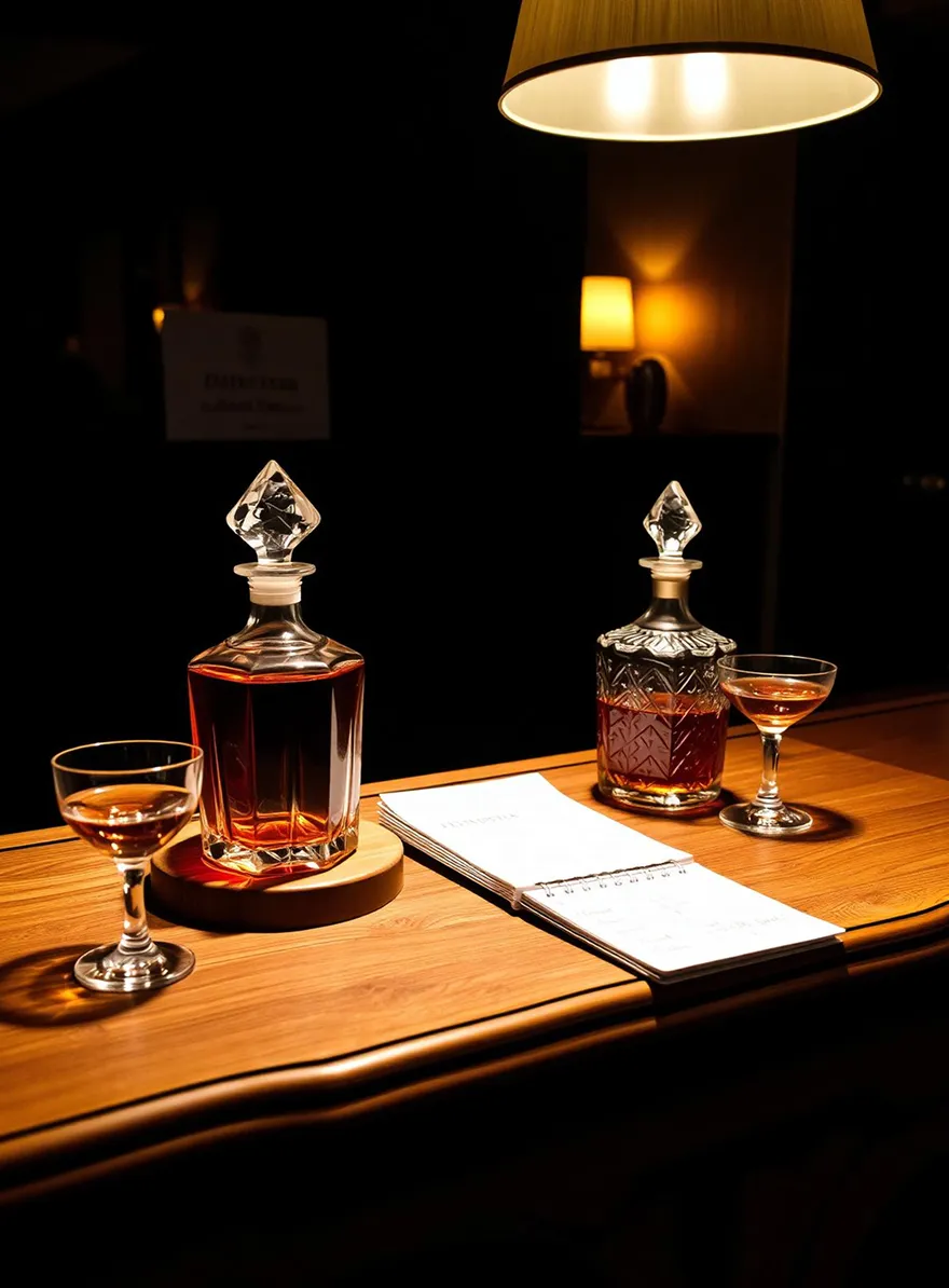 Two crystal decanters and glasses with amber liquid on a wooden surface under warm lamp light.