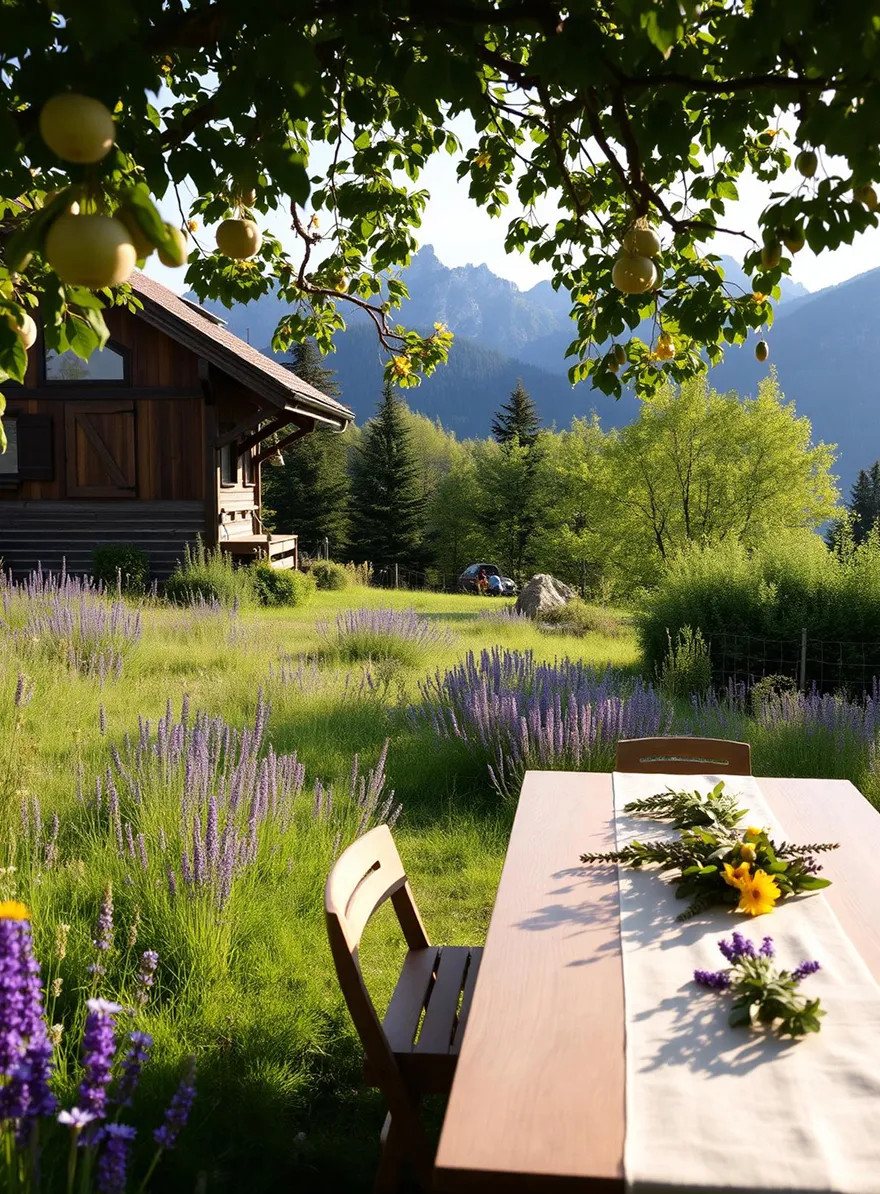 Wooden table with flowers in a lush garden by a cabin with mountains and trees in the background.