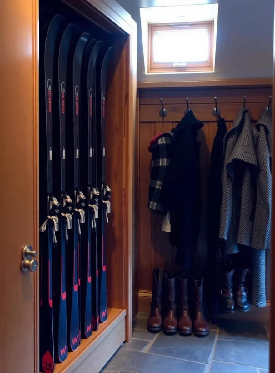 Hotel dressing room with six pairs of skis, coats hanging on hooks, and boots lined up on the floor.
