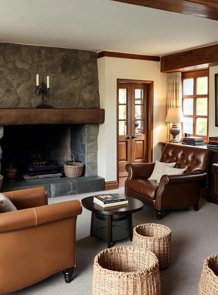 Cozy living room with stone fireplace, leather armchairs, wooden table, and wicker baskets.
