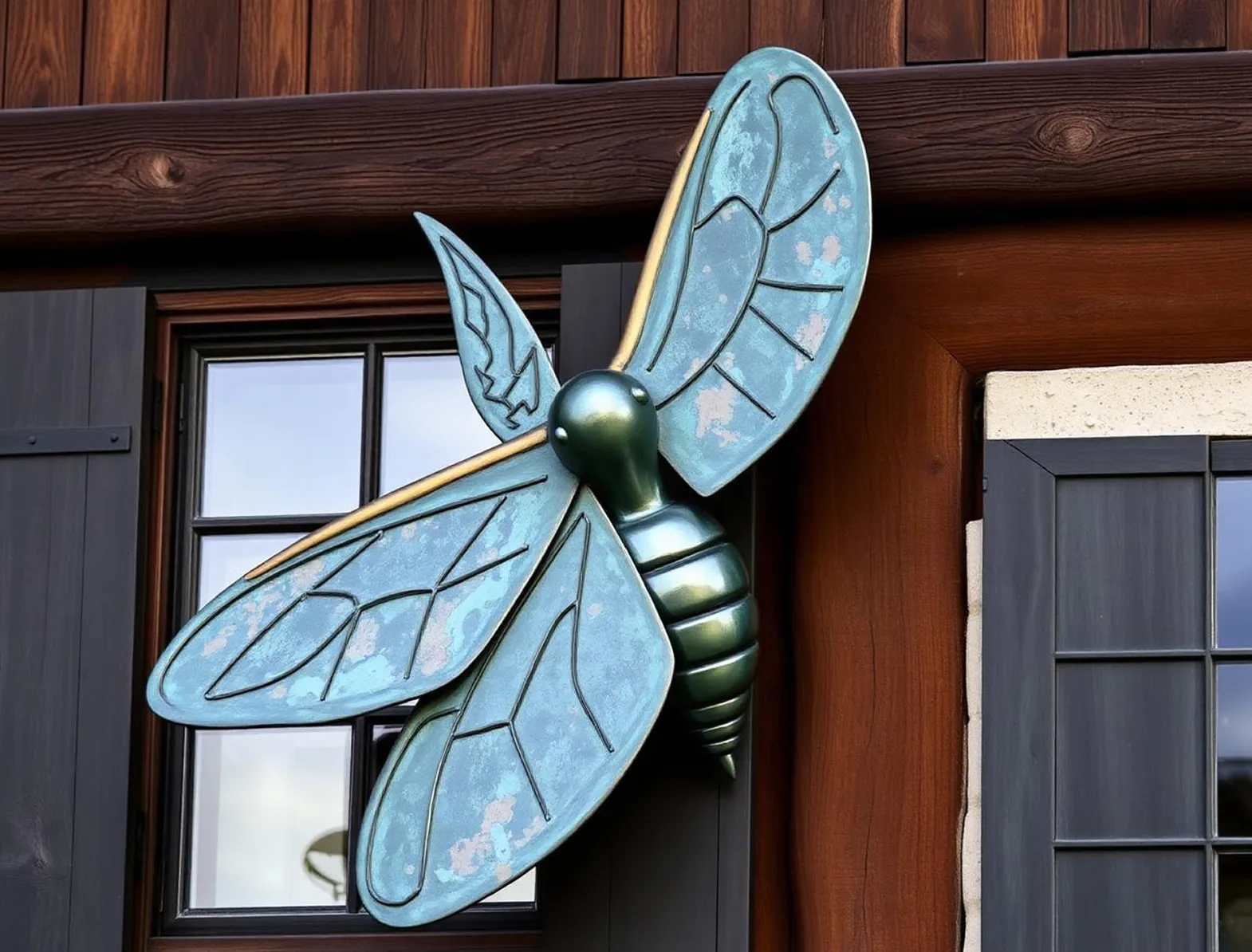 Large metallic blue-green butterfly sculpture mounted on wooden window shutters.