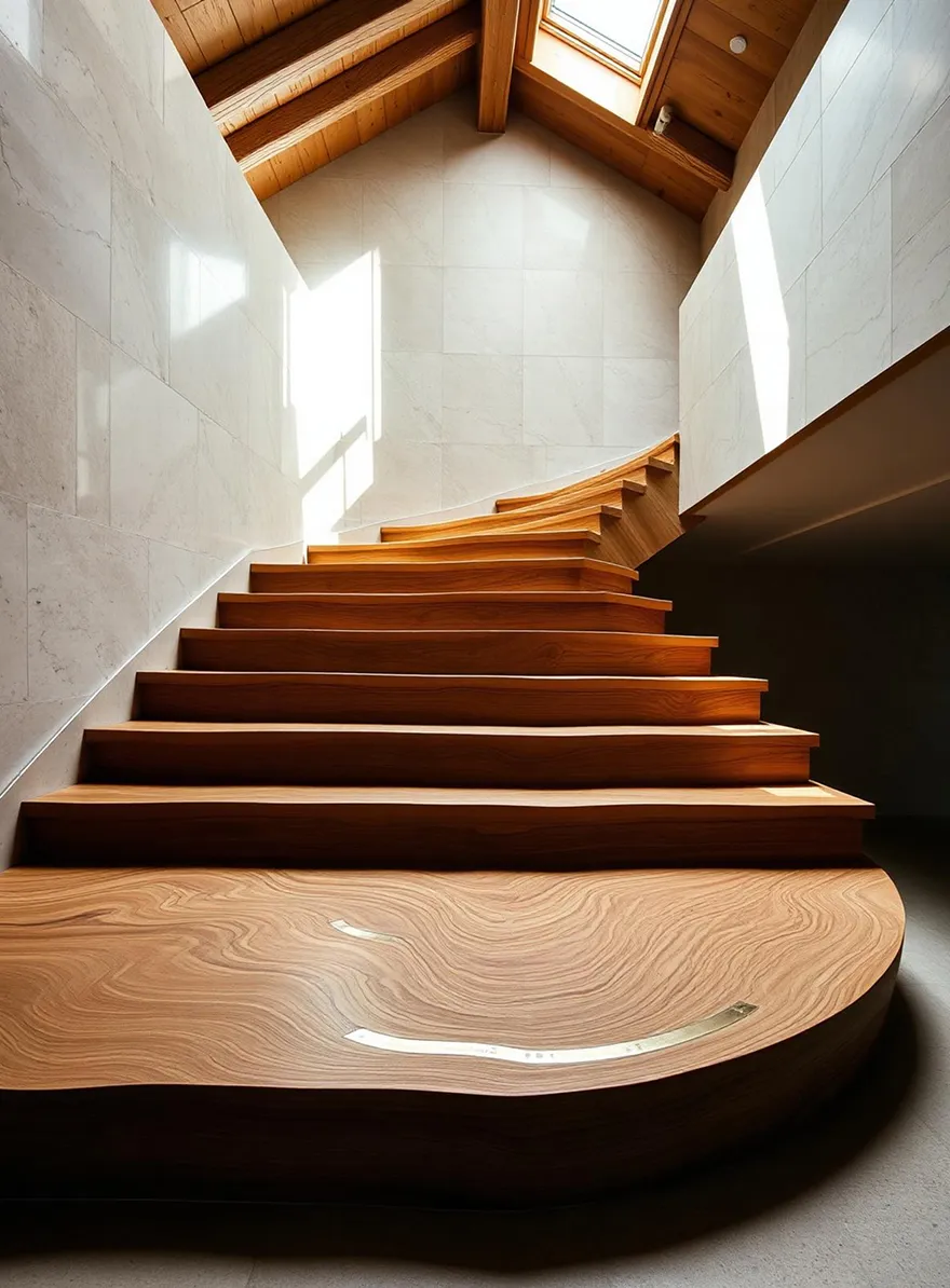 Curved wooden stairs with a smooth, polished surface ascend under a wooden ceiling with skylights.