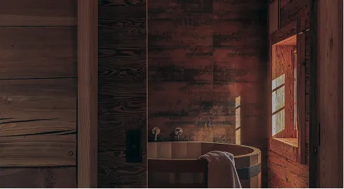 Dimly lit wooden room with a round barrel-style bathtub and towel near a window.