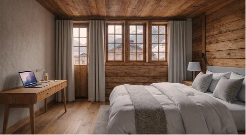 Cozy wooden bedroom with large windows, bed with gray bedding, desk, and laptop.