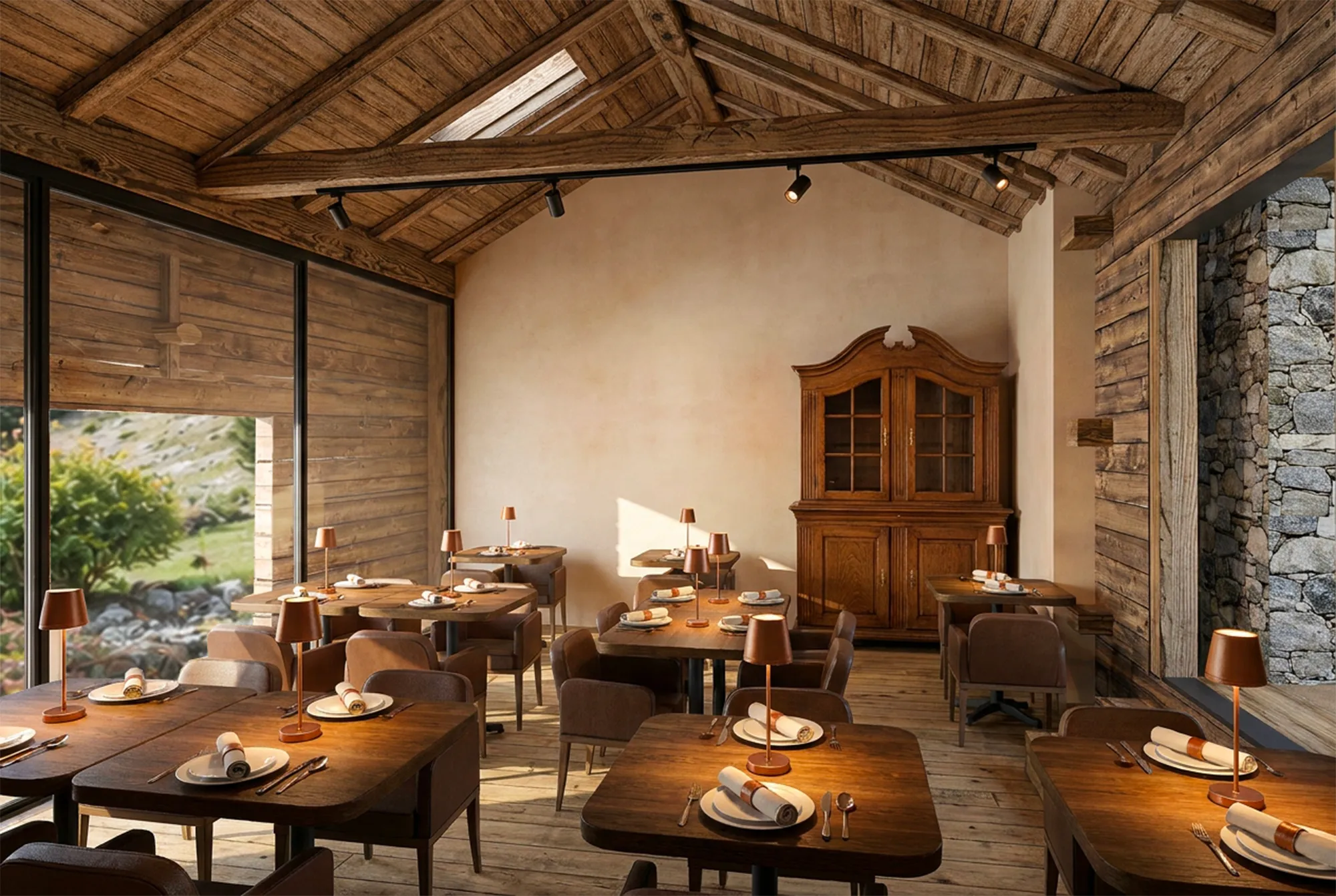 Rustic dining room with wooden tables, chairs, small lamps, and a wooden cabinet against a beige wall.