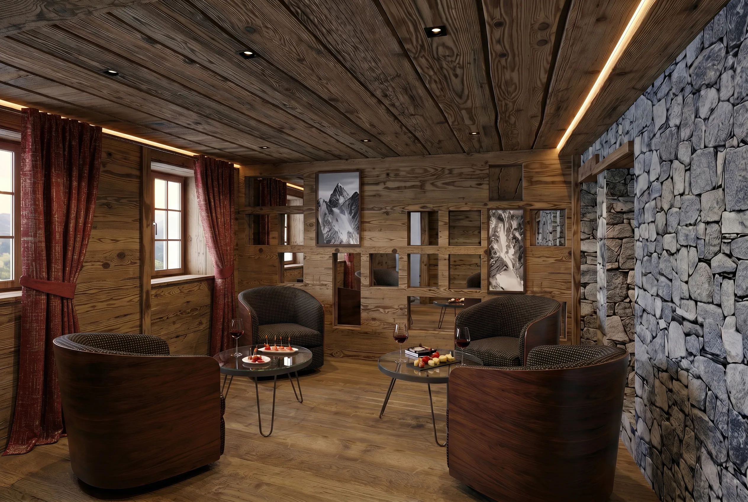 Cozy rustic lounge with wooden walls, four armchairs, glass tables with snacks and wine, and stone accent wall.