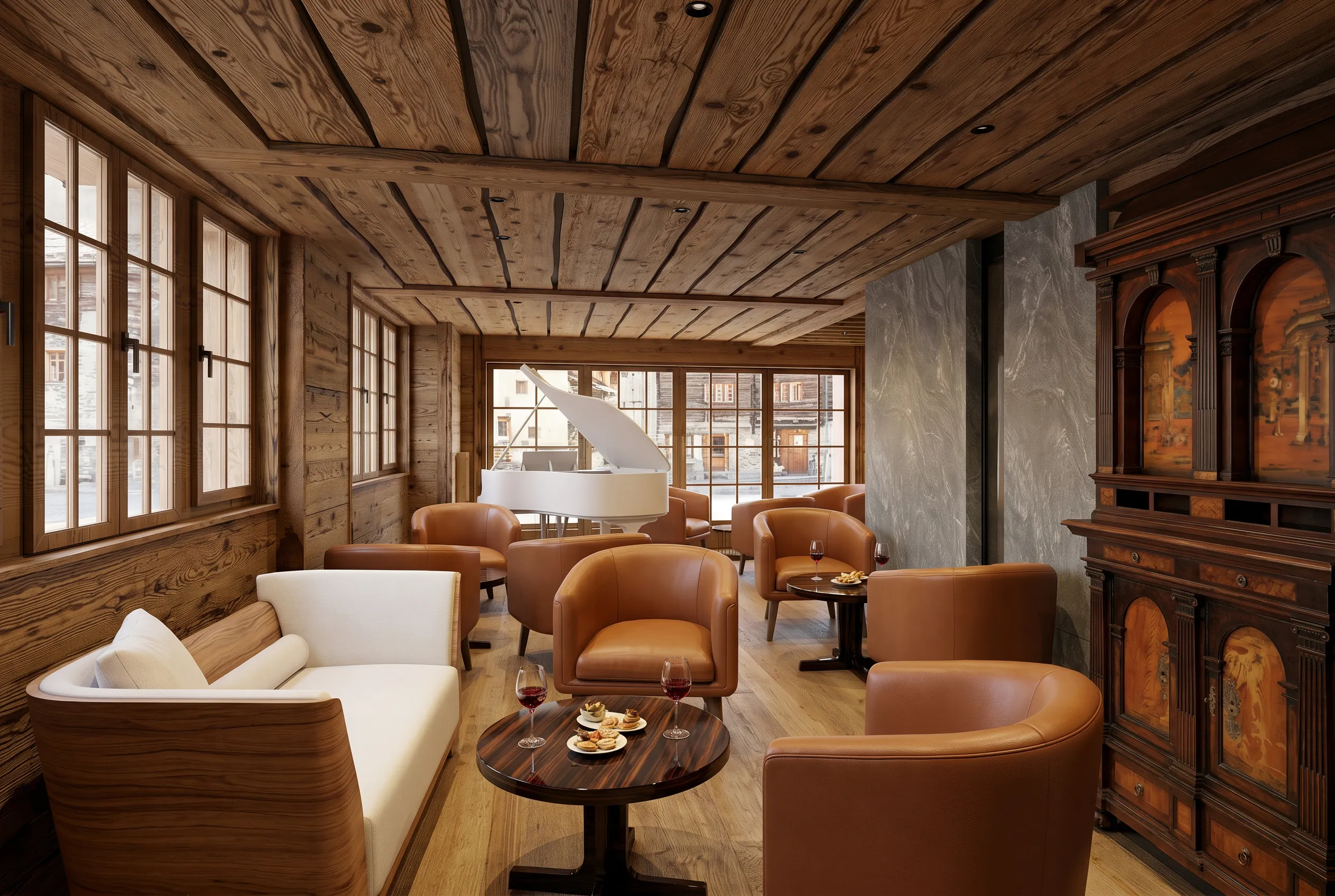Cozy wood-paneled lounge with leather chairs, a white grand piano, and tables with wine and snacks.