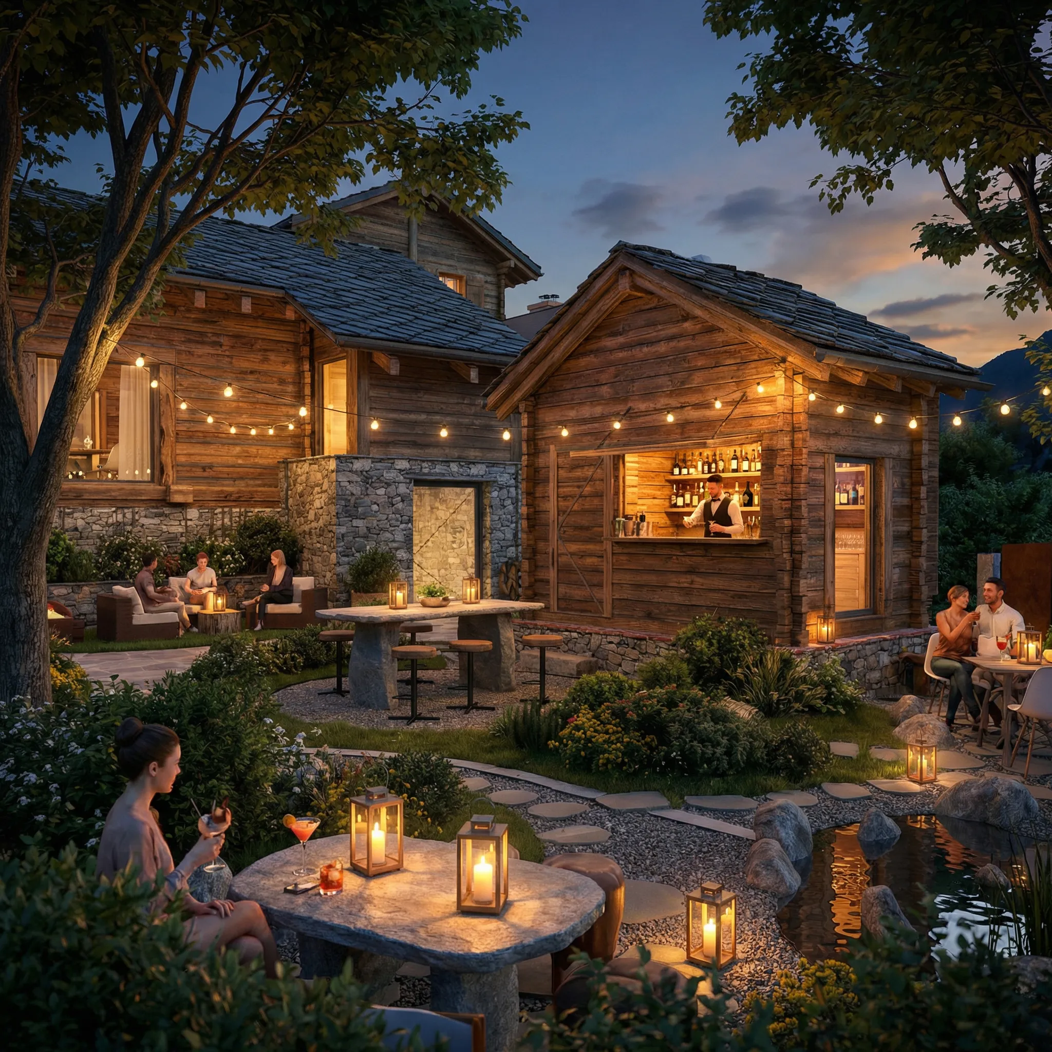 Cozy garden evening scene with people sitting, a bartender in wooden cabin, lit lanterns, and string lights.