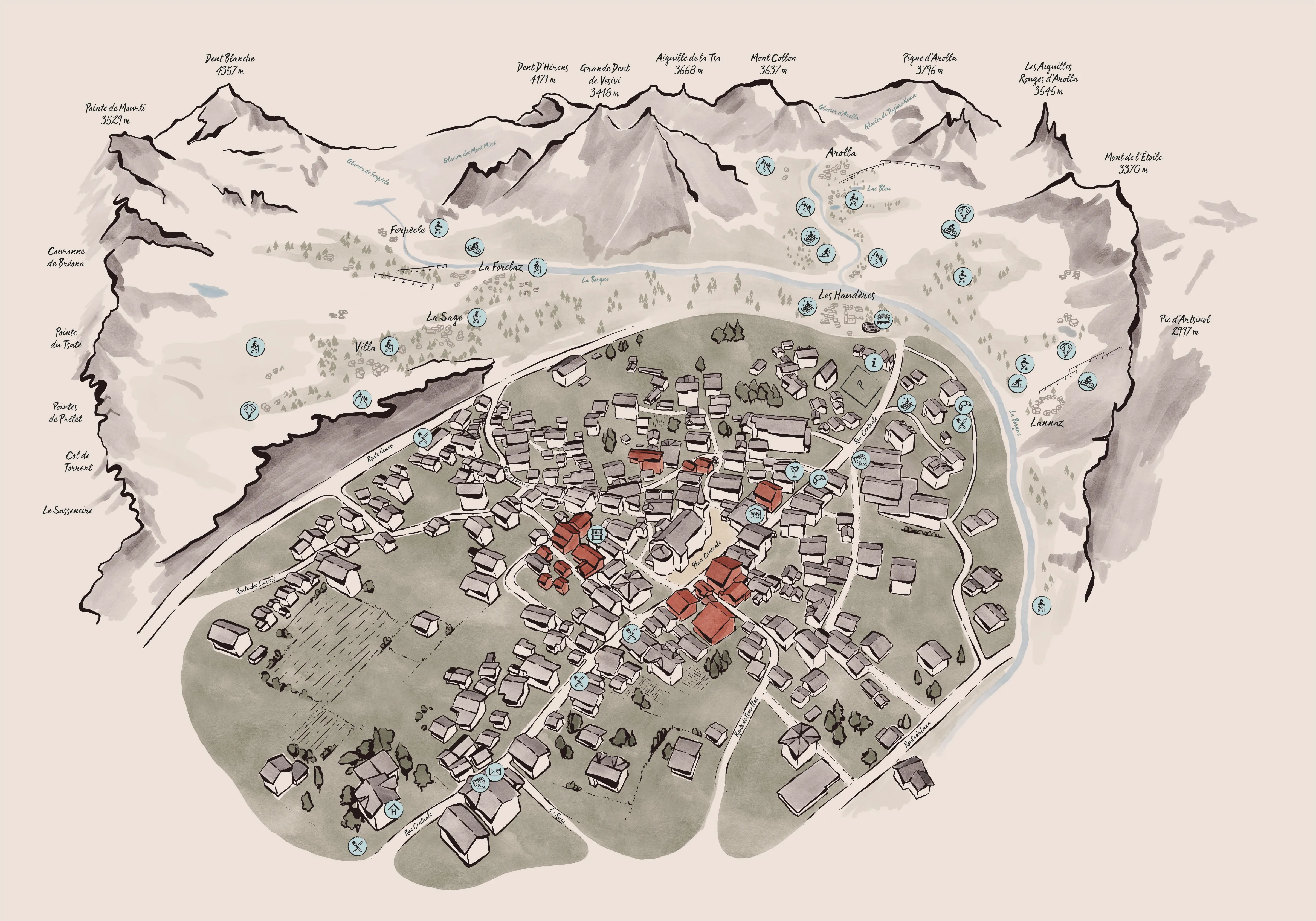 Illustrated map of a mountain town with labeled peaks and hiking, biking, and dining icons.