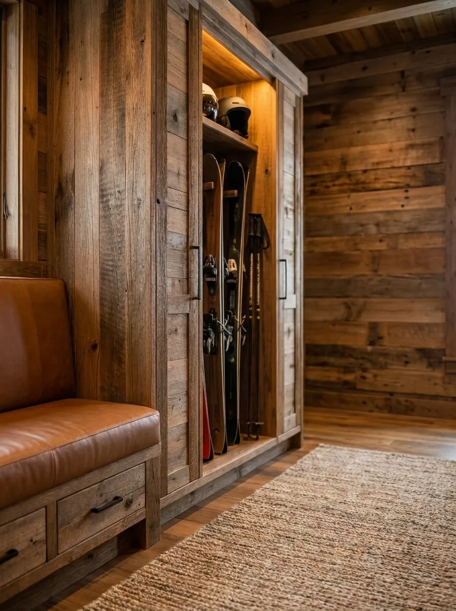 Rustic ski storage area with wooden shelves holding skis, poles, helmets, and leather bench seating.