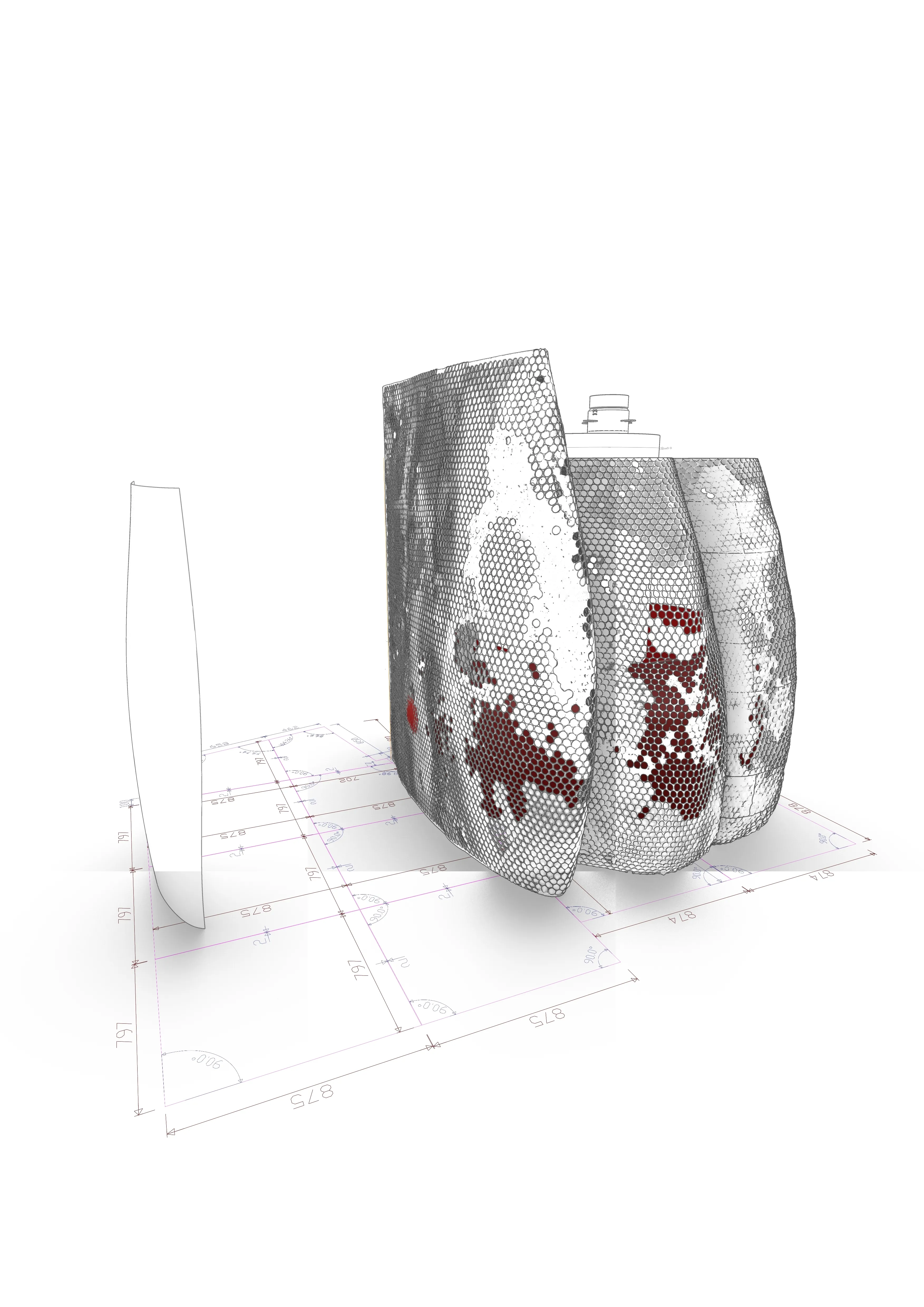 3D layered architectural model with hexagonal mesh patterns and red markings over blueprint floor plan.