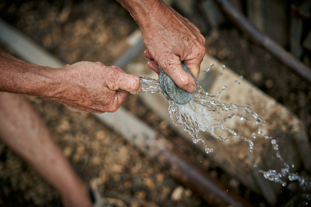 Close-up of two hands squeezing water from a wet rag or sponge outdoors.