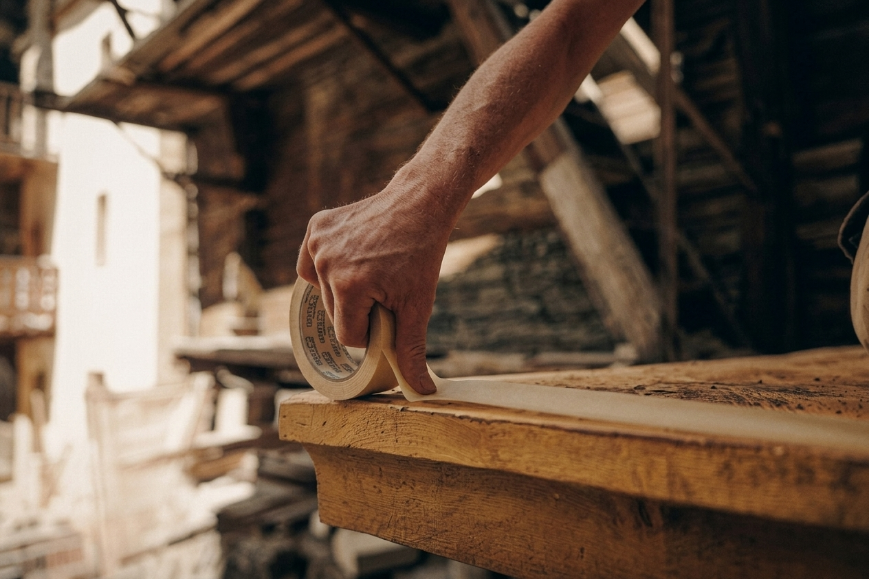 Close-up of a hand applying masking tape on a wooden surface in a workshop.
