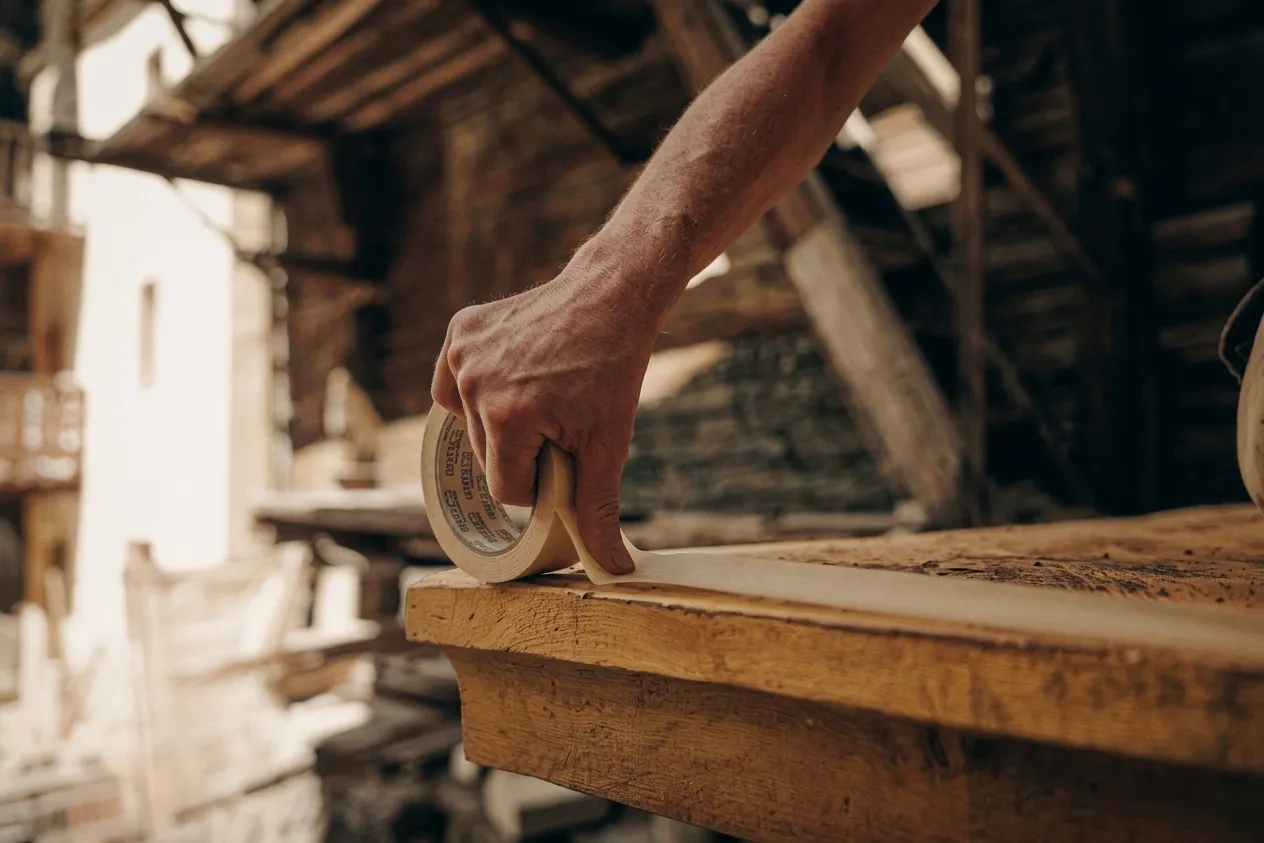 Close-up of a hand applying masking tape on a wooden surface in a workshop.