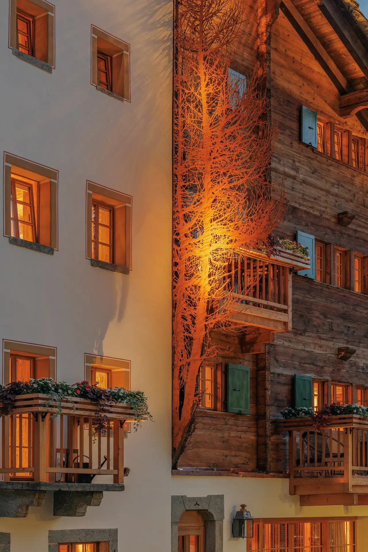 Evening view of a building facade combining white plaster and wooden sections with lit windows, wooden balconies with flower boxes, and a tall illuminated tree casting shadows on the walls.