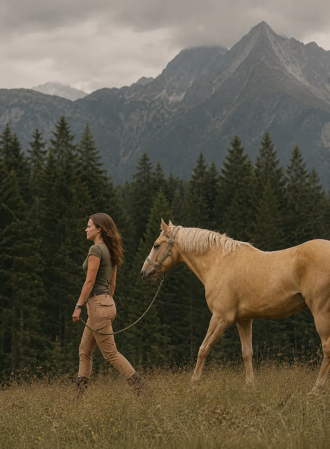 Woman in tan pants leads a light brown horse on a leash in a field with pine trees and mountains behind.
