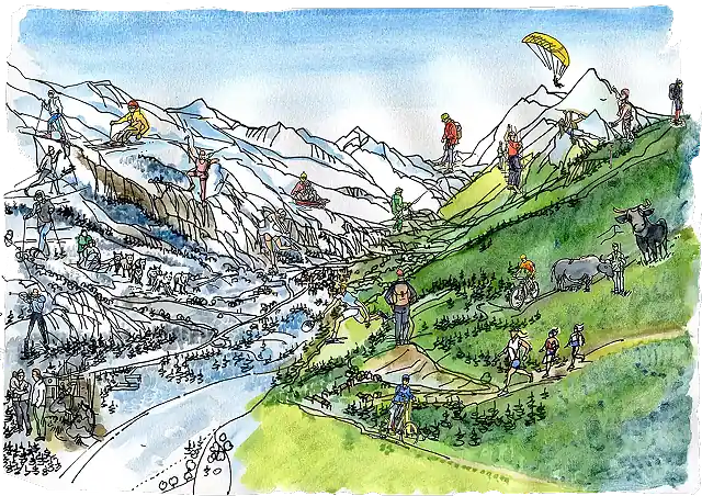 Farbenfrohe, handgezeichnete Berglandschaft zwischen schneebedeckten Gipfeln auf der linken Seite und grünen Grashängen auf der rechten Seite. Menschen, die Winter- und Sommeraktivitäten wie Skifahren, Wandern, Radfahren und Gleitschirmfliegen ausüben, und Kühe, die am Hang grasen.