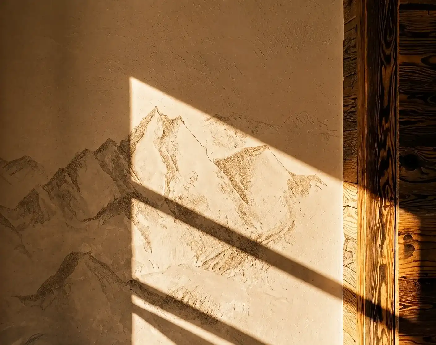 Sunlight casts angular shadows through a window onto a textured wall with a mountain mural, next to a wooden door frame.