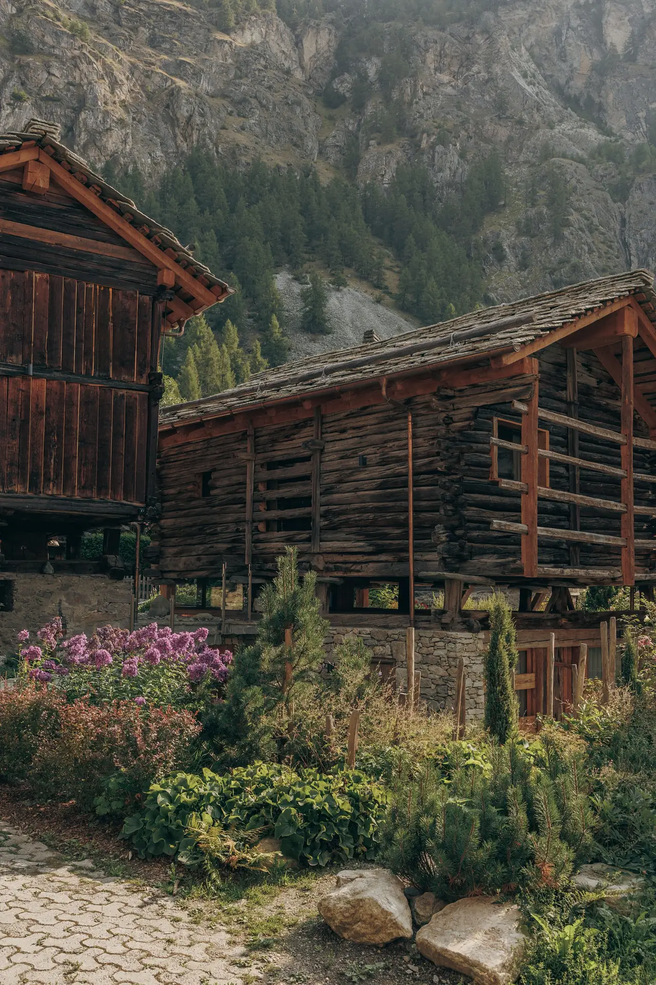 Traditional Valais log granary raised on stone mushroom pillars, surrounded by flowering plants and pine-covered cliffs