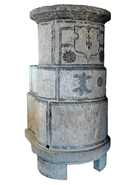 Round stone pillar decorated with a painted heraldic crest and floral motifs