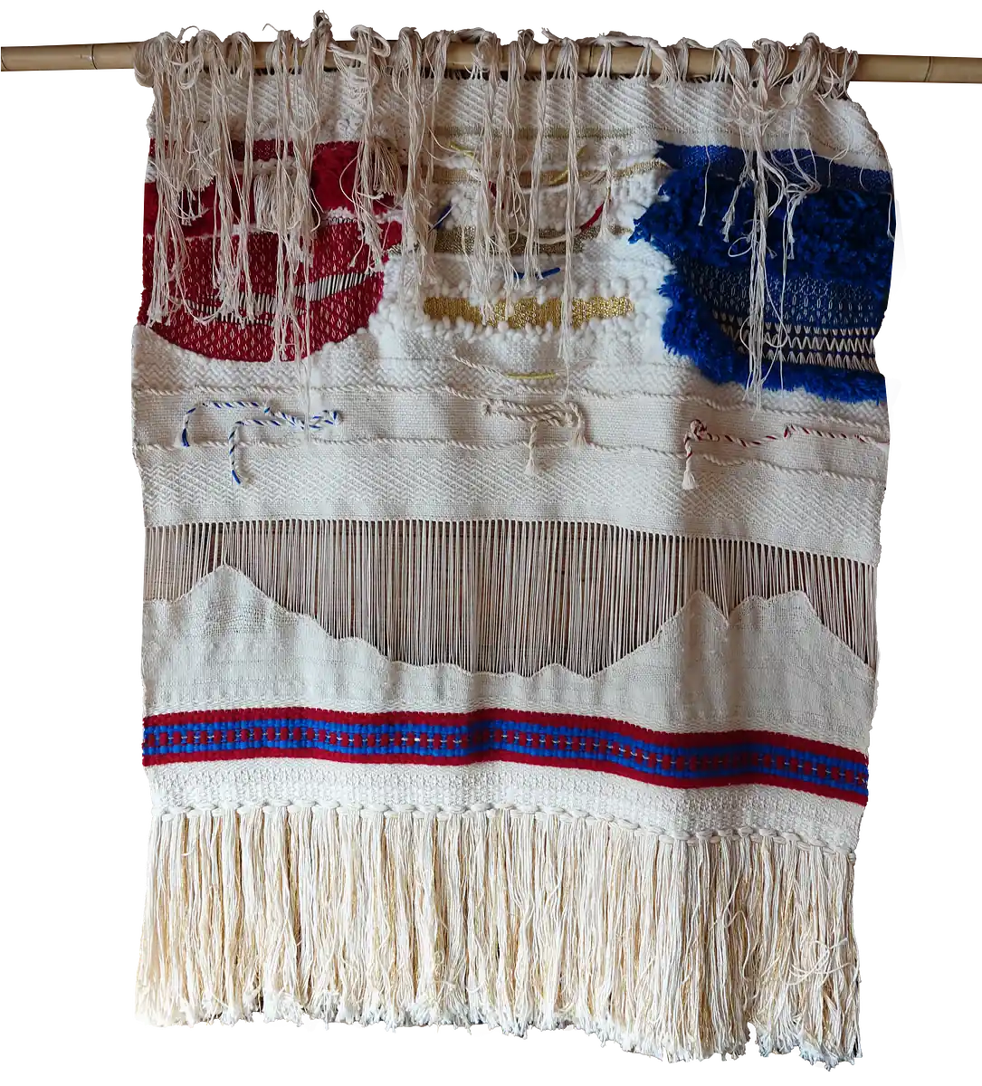 Handwoven wall hanging with a mountain motif in red, blue and gold