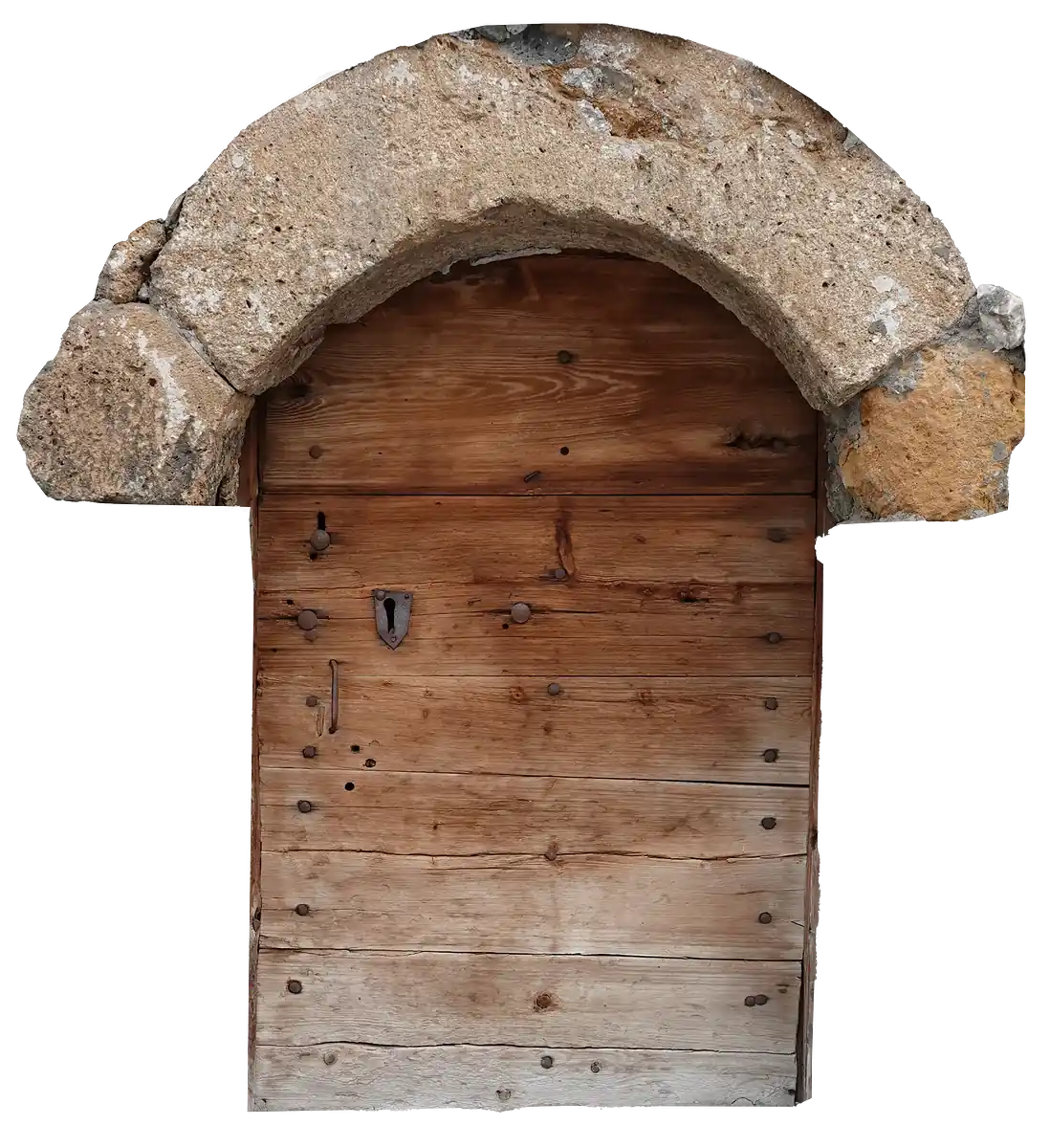 Antique wooden door with a stone arch and iron lock plate