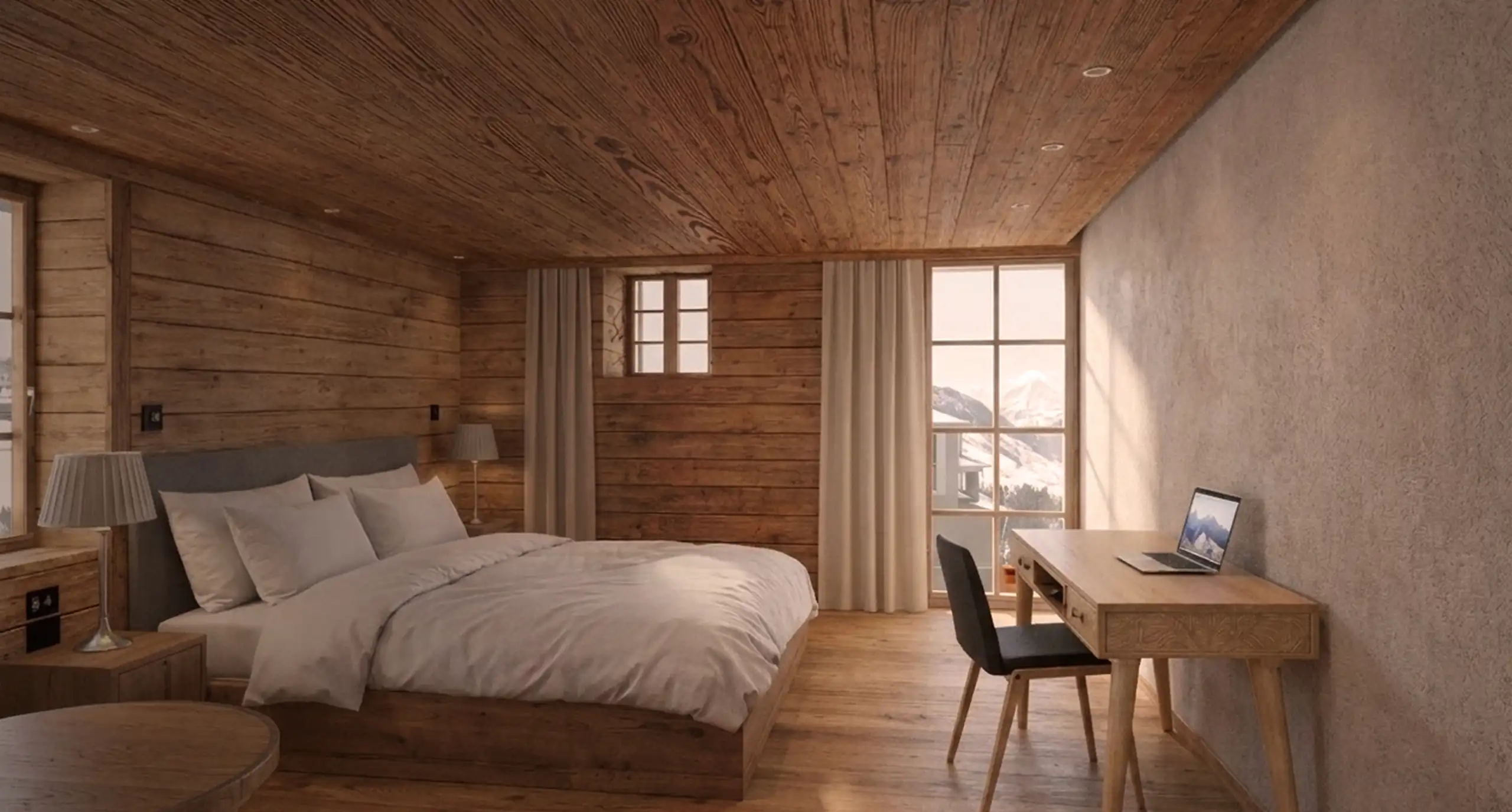 Wood-paneled bedroom with a desk and a window overlooking snowy mountains