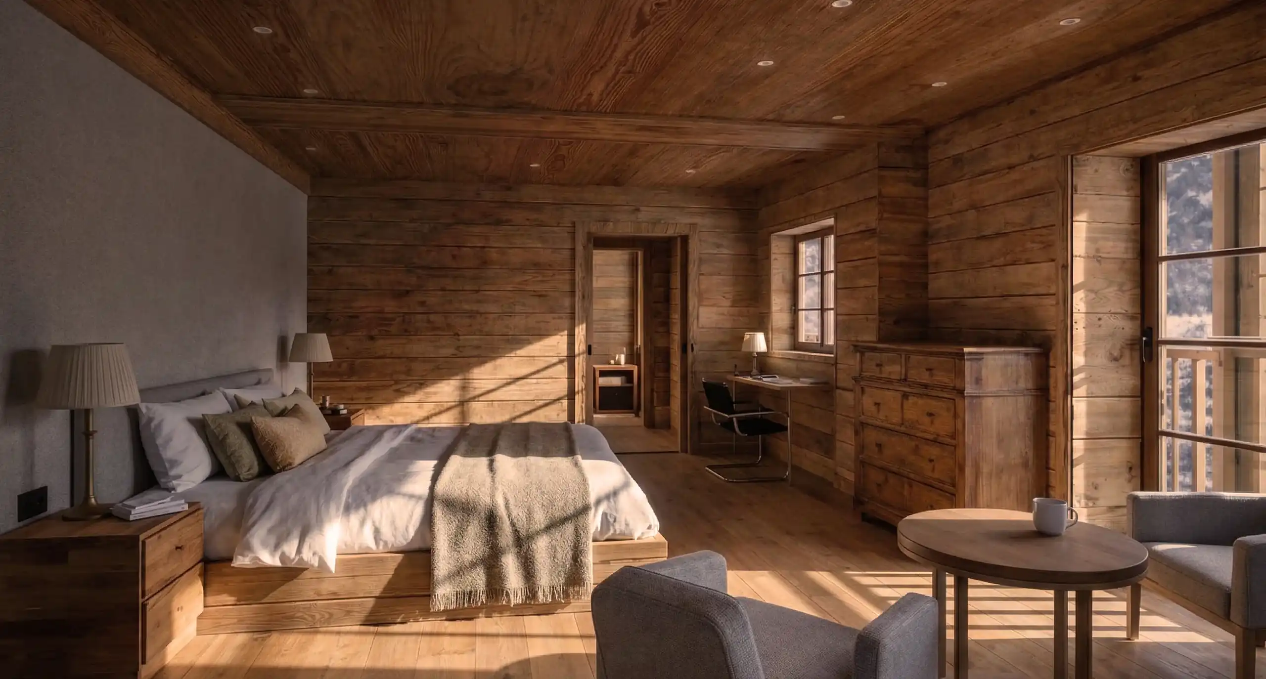 Wood-paneled bedroom with a desk, dresser and balcony door in soft sunlight