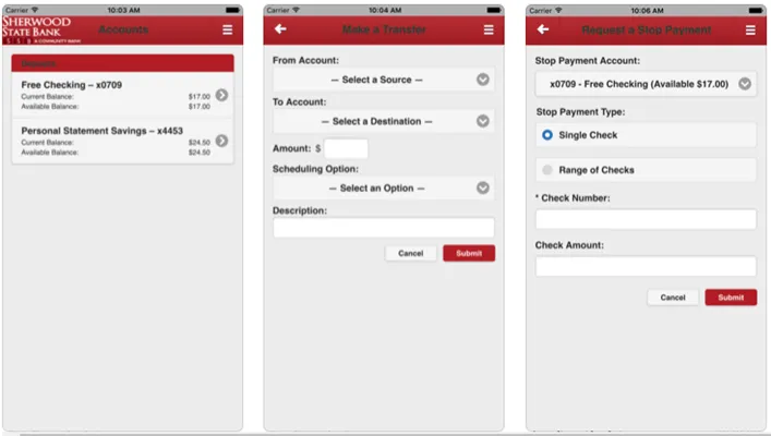 iOS Accounts list, make a transfer screen, and stop payment screen