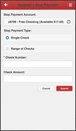 Android App, request a stop payment screen