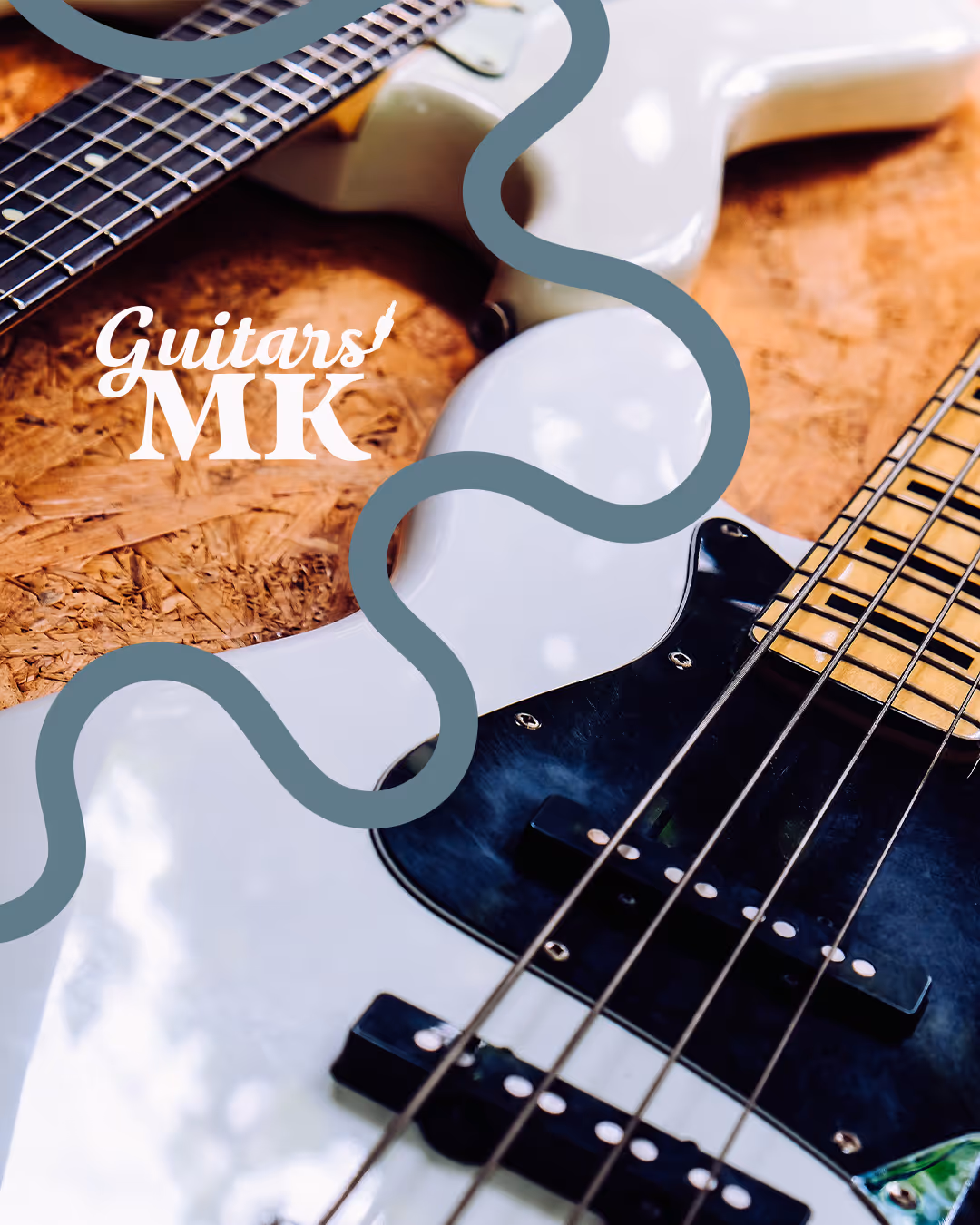 Person sitting on a couch playing a blue electric guitar, surrounded by a flowing white line — Guitars MK logo in corner.