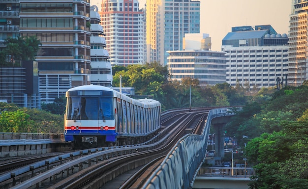 Premium Photo | Bts sky train is running in downtown of bangkok. sky ...