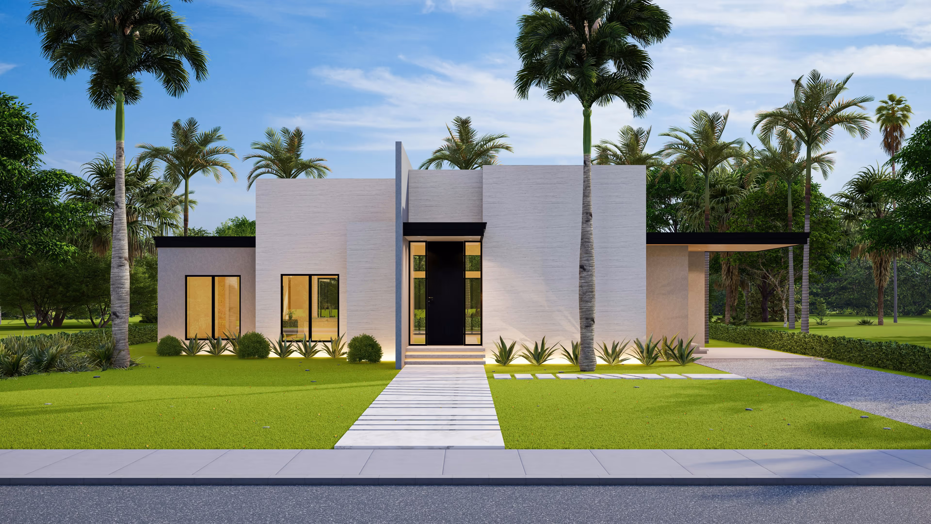 Modern single-story house with white exterior, large windows, and palm trees in a green lawn.