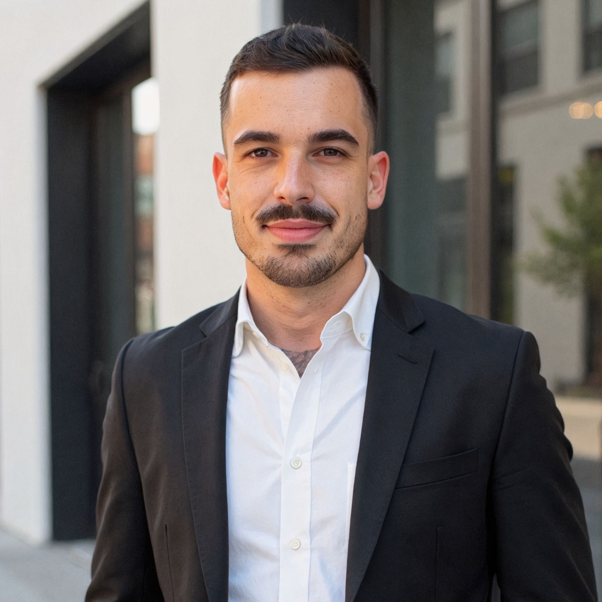 Porträt eines lächelnden Mannes mit kurzem dunklem Haar, schwarzem Sakko und weißem Hemd vor städtischem Hintergrund.