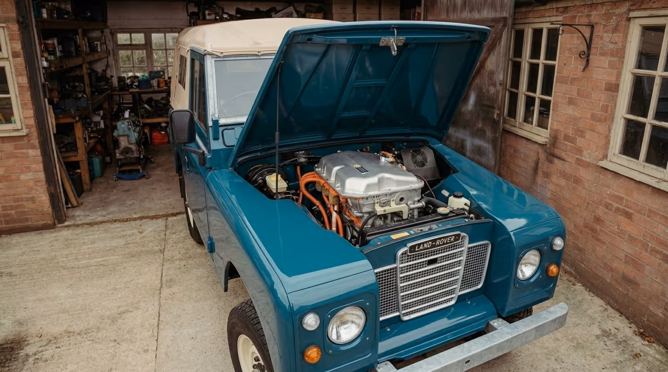 Blue Land Rover with its hood open showing the EV motor inside, parked next to a brick building and an open garage.