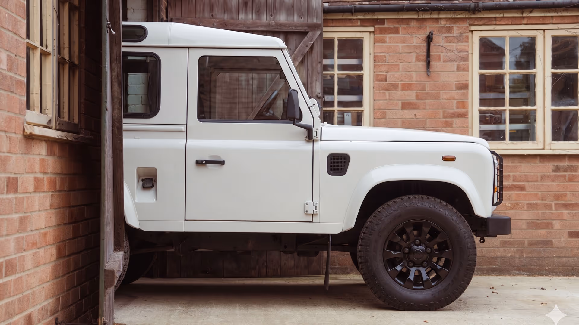 Side view of a white off-road vehicle with black wheels parked beside a brick and wooden building.