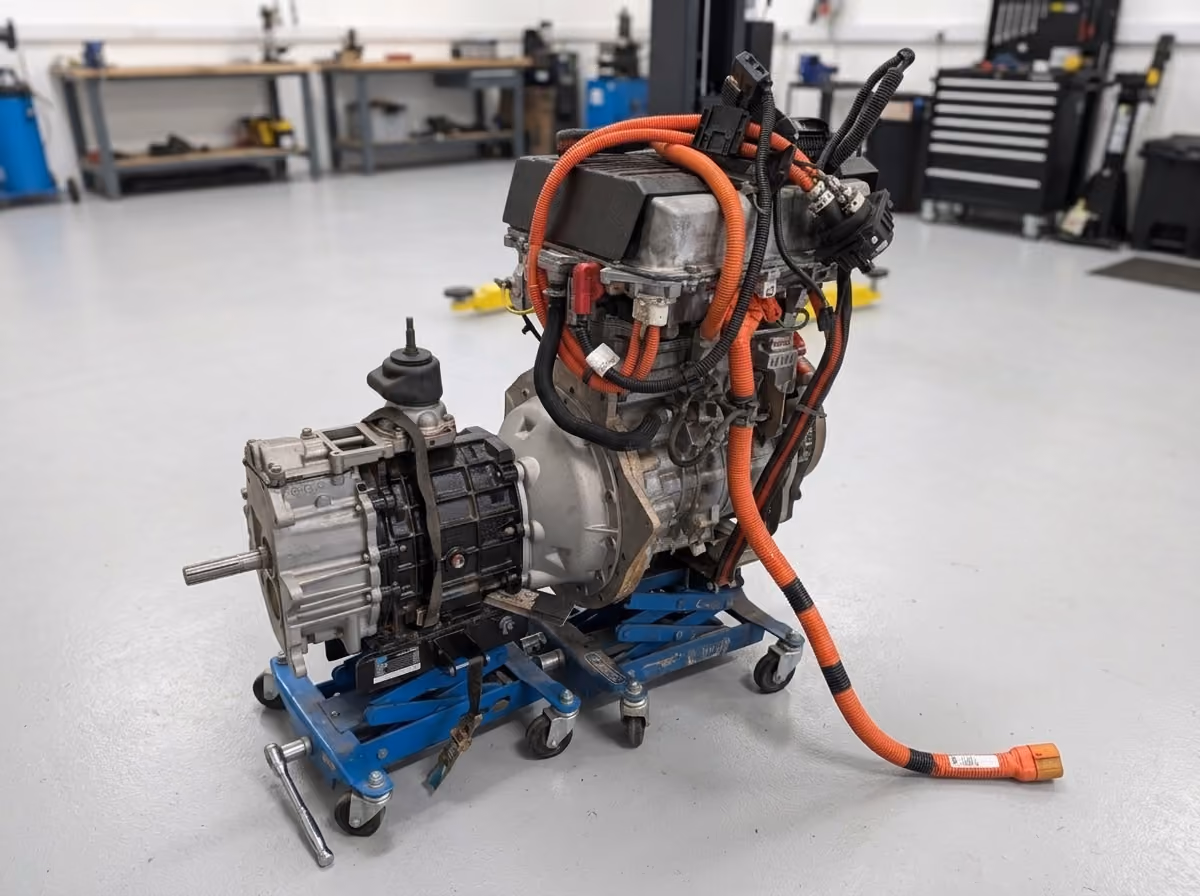 Electric vehicle motor and transmission assembly with orange high-voltage cables on a blue rolling stand in a clean workshop environment with toolboxes and shelves in the background.