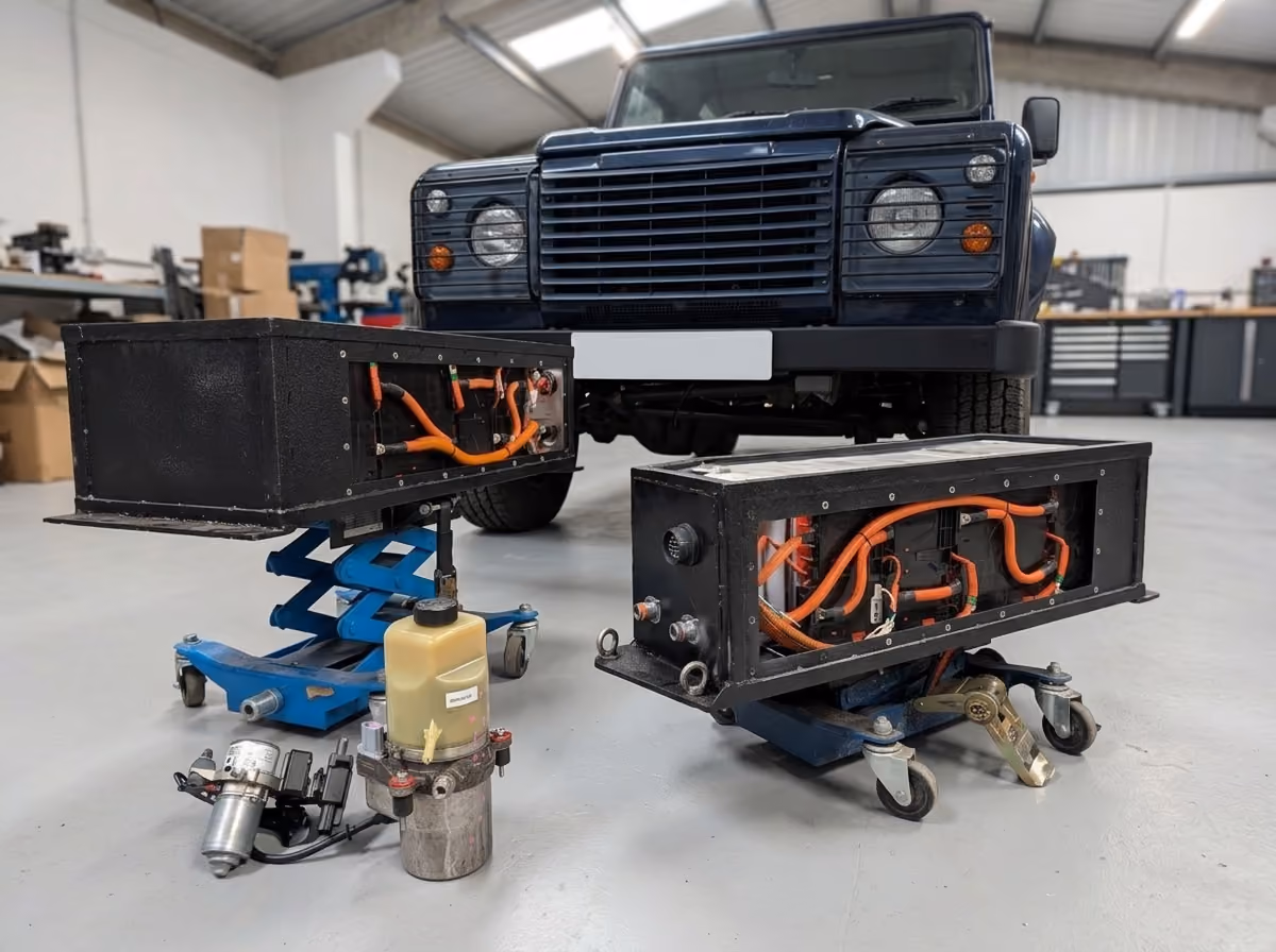 Two black rectangular battery packs with orange cables mounted on blue wheeled lifting equipment in a workshop, with a dark blue off-road vehicle partially visible in the background.