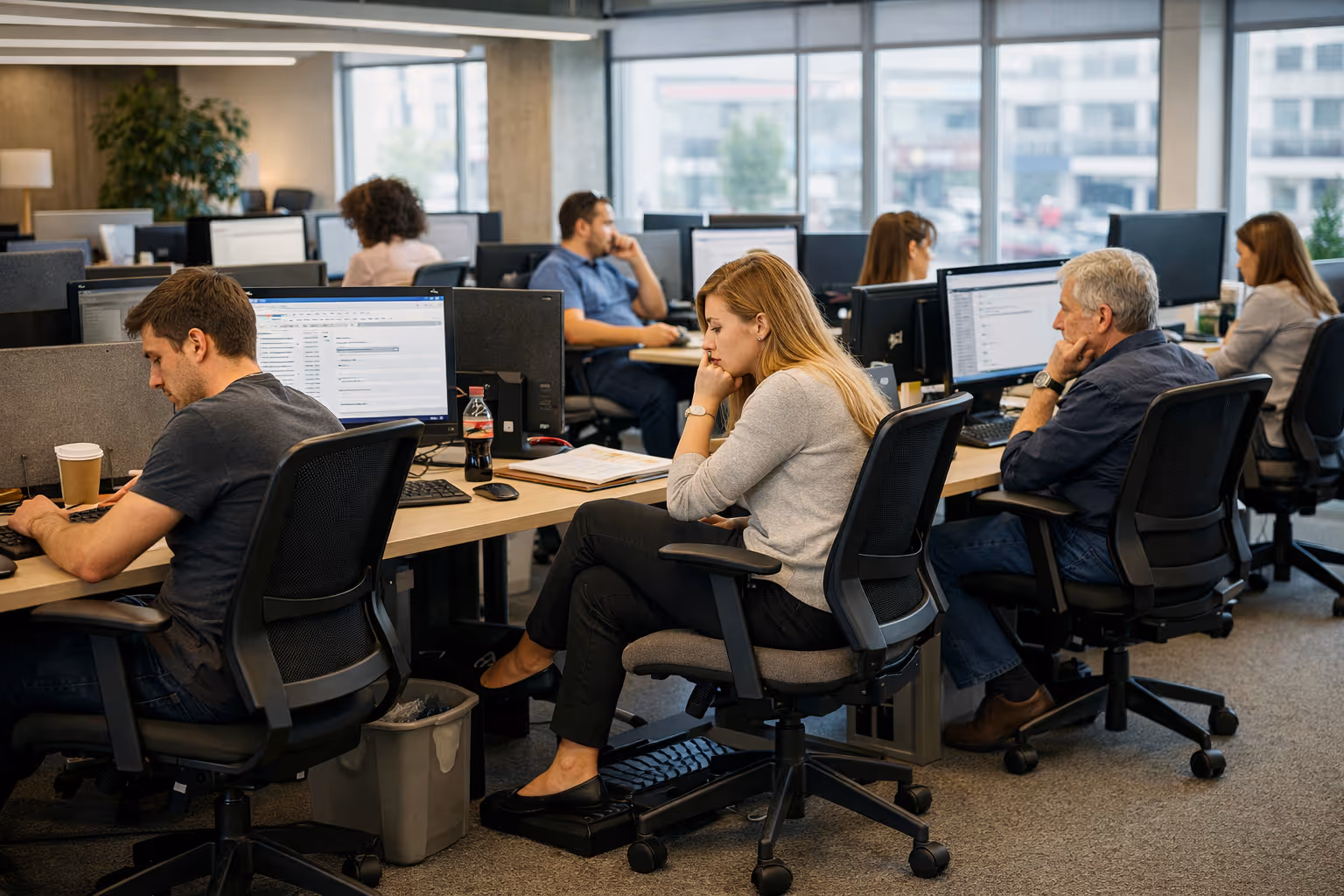 Modern open office environment illustrating how workplace design contributes to sedentary behavior and prolonged sitting