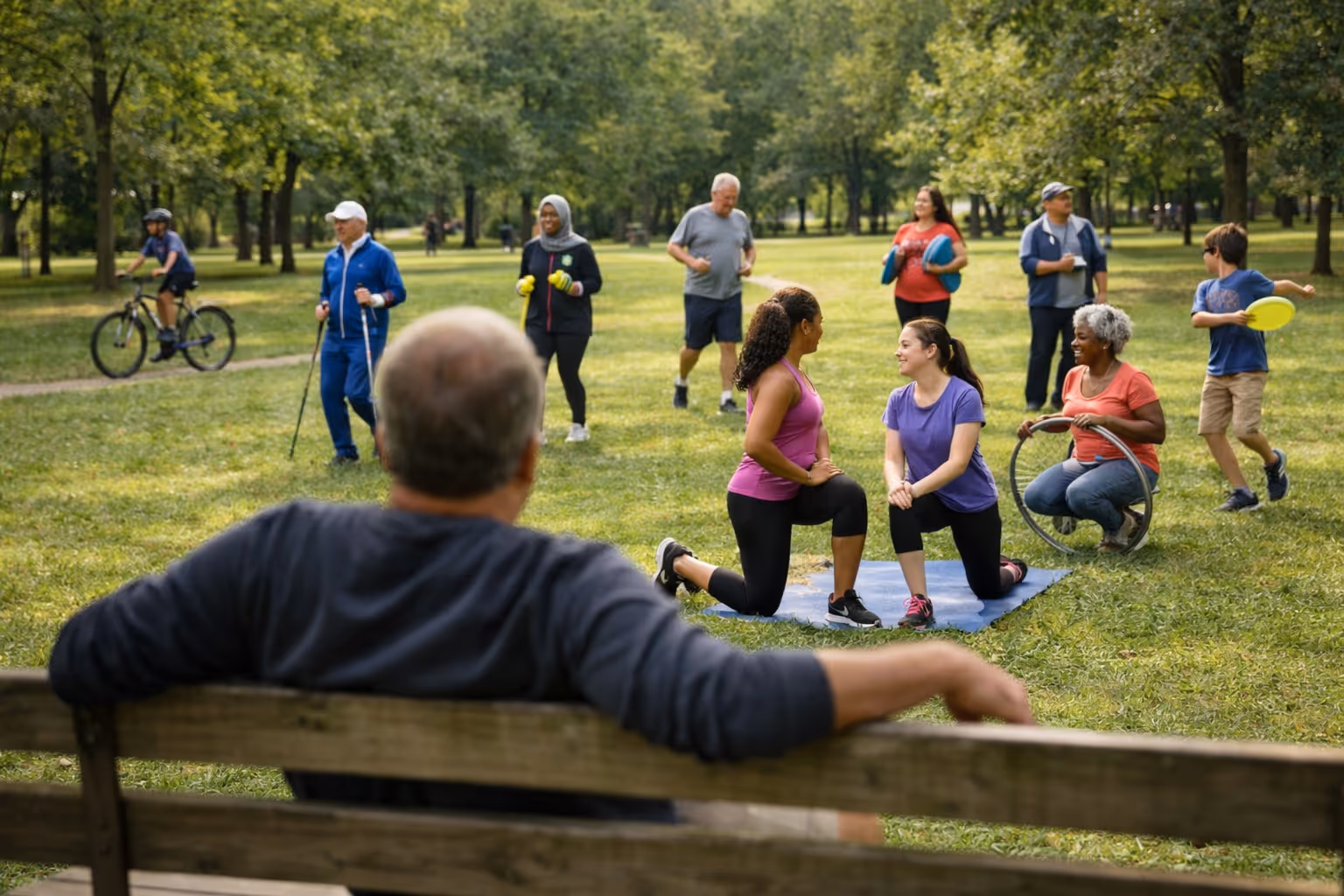 Diverse community group participating in a public health movement program to reduce sedentary behavior and promote active living