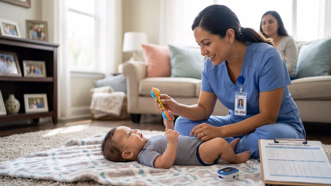 Pediatric nurse providing bedside care to a child at home