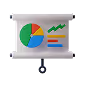 Presentation board displaying a pie chart, bar chart, and line graph with a pointer stick.
