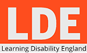Learning Disability England logo with large white letters LDE on an orange background and the text Learning Disability England below in black.