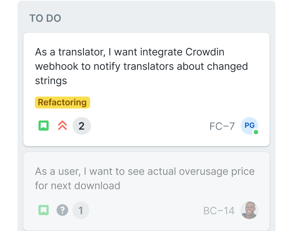 Lista de tareas pendientes con dos ítems; el primero es una tarea de un traductor para integrar webhook de Crowdin con etiqueta amarilla de Refactorización y dos votos, el segundo está atenuado y es de un usuario que quiere ver el precio real por exceso de uso en la próxima descarga con un voto.