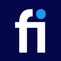 Logotipo blanco de las letras fi con punto azul sobre fondo azul oscuro.