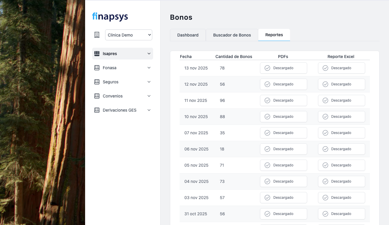 Panel de control de Bonos en la aplicación Finapsys mostrando una tabla con fechas, cantidad de bonos y botones de descarga para PDFs y reportes Excel.