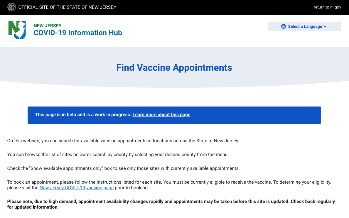 Screenshot of New Jersey's vaccine finder tool