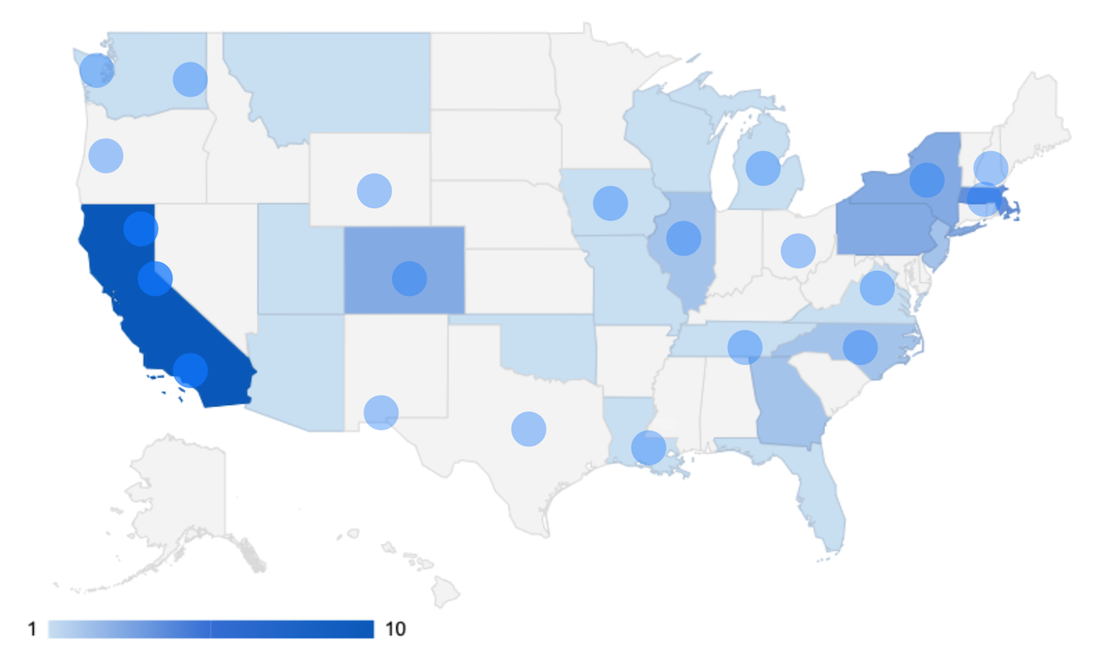 Map showing the many regions of the US where interview participants live