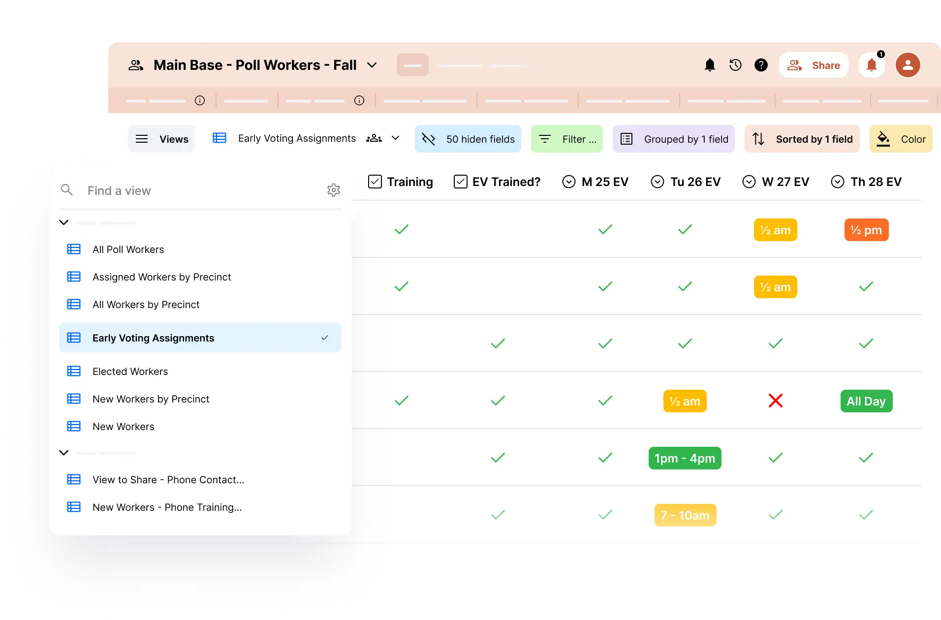 Screenshot of the USDR election worker management software. The interface provides an easy way to schedule workers for early voting.